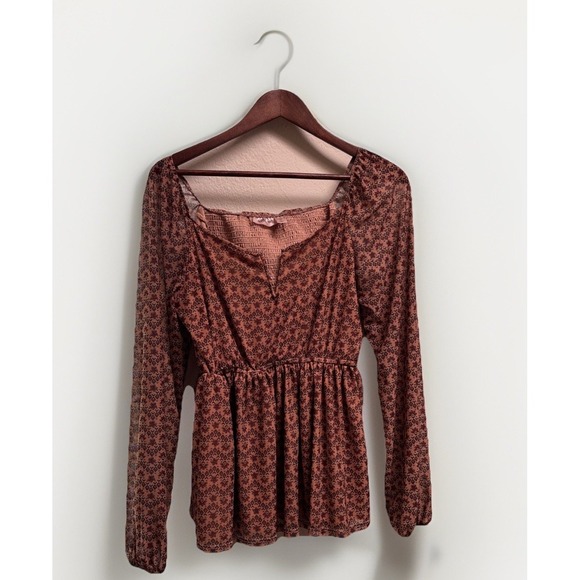 Willow & root Mesh Brown Floral Babydoll Peplum Top Size Medium - Picture 2 of 7
